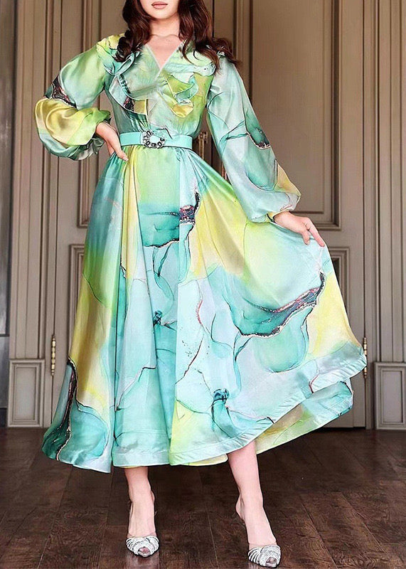 Boho Green Peter Pan Collar Print Tulle Dress Long Sleeve FF078 SH-LF-FDL240603