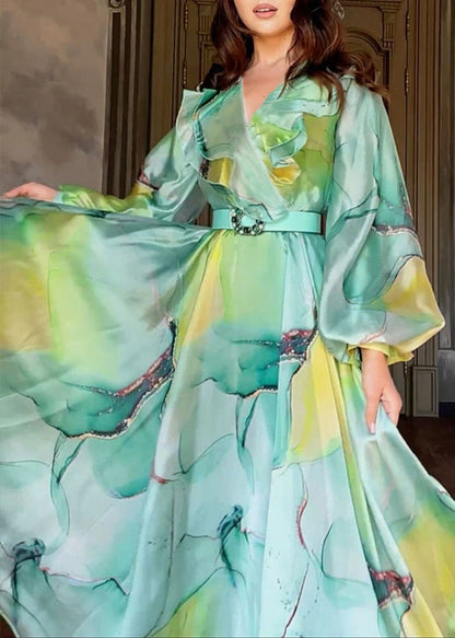 Boho Green Peter Pan Collar Print Tulle Dress Long Sleeve FF078 SH-LF-FDL240603