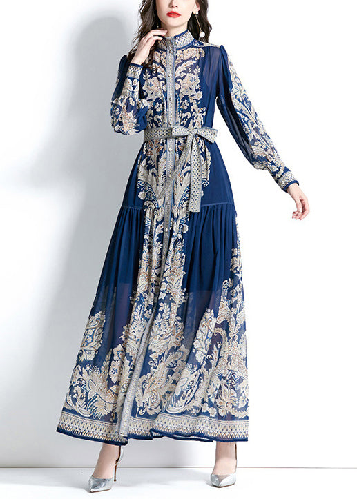 Boho Green Stand Collar Print Tie Waist Chiffon Dress Lantern Sleeve QR027 BB-ZS-WM-FDL240929