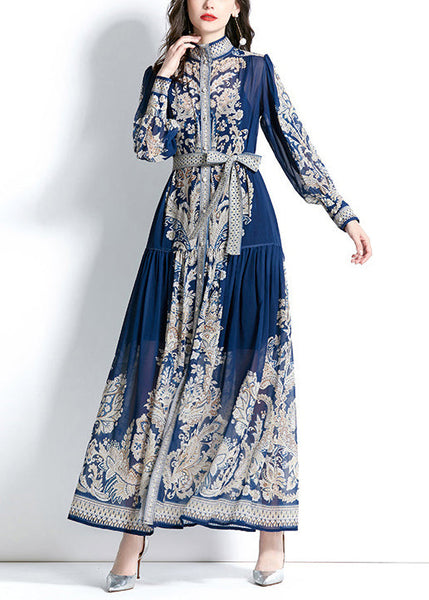 Boho Green Stand Collar Print Tie Waist Chiffon Dress Lantern Sleeve QR027 BB-ZS-WM-FDL240929