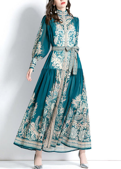 Boho Green Stand Collar Print Tie Waist Chiffon Dress Lantern Sleeve QR027 BB-ZS-WM-FDL240929