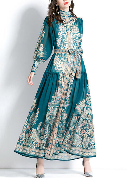 Boho Green Stand Collar Print Tie Waist Chiffon Dress Lantern Sleeve QR027 BB-ZS-WM-FDL240929