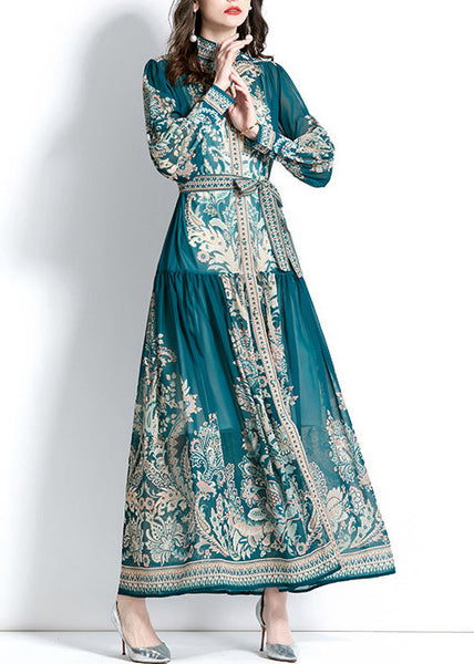 Boho Green Stand Collar Print Tie Waist Chiffon Dress Lantern Sleeve QR027 BB-ZS-WM-FDL240929