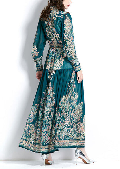 Boho Green Stand Collar Print Tie Waist Chiffon Dress Lantern Sleeve QR027 BB-ZS-WM-FDL240929