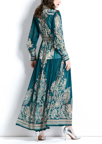 Boho Green Stand Collar Print Tie Waist Chiffon Dress Lantern Sleeve QR027 BB-ZS-WM-FDL240929