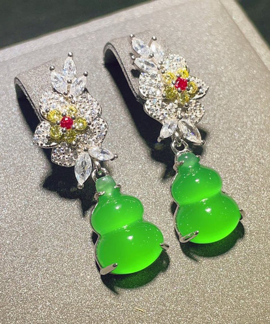 Boho Green Sterling Silver Zircon Jade Gourd Floral Drop Earrings AC1057 Genistyle Shop