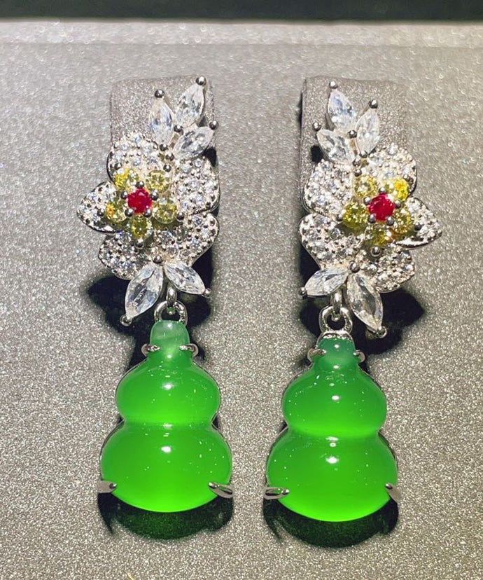 Boho Green Sterling Silver Zircon Jade Gourd Floral Drop Earrings AC1057 Genistyle Shop