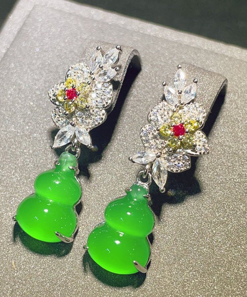 Boho Green Sterling Silver Zircon Jade Gourd Floral Drop Earrings AC1057 Genistyle Shop