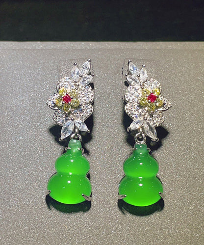 Boho Green Sterling Silver Zircon Jade Gourd Floral Drop Earrings AC1057 Genistyle Shop