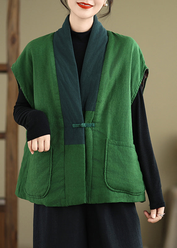 Boho Green V Neck Pockets Patchwork Fine Cotton Filled Vest Winter RU043 ABC