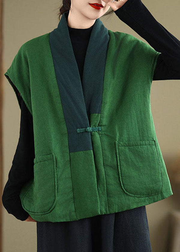 Boho Green V Neck Pockets Patchwork Fine Cotton Filled Vest Winter RU043 ABC