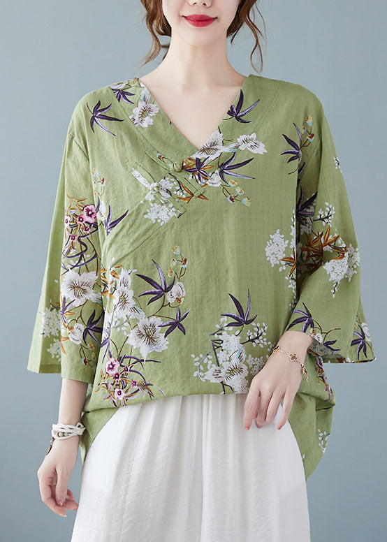 Boho Green V Neck Print Cotton Shirt Tops Bracelet Sleeve FF011 MZF-HTP240607