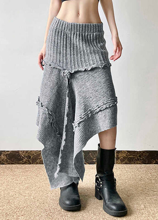 Boho Grey Asymmetrical Design Ruffled Knit Skirts Spring YP048 ABC