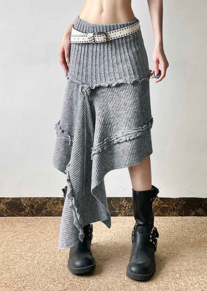 Boho Grey Asymmetrical Design Ruffled Knit Skirts Spring YP048 ABC