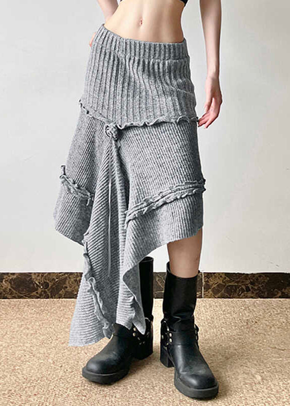 Boho Grey Asymmetrical Design Ruffled Knit Skirts Spring YP048 ABC