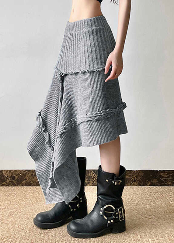 Boho Grey Asymmetrical Design Ruffled Knit Skirts Spring YP048 ABC