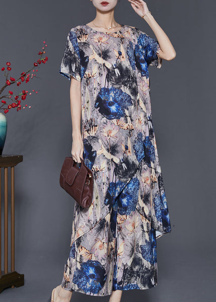 Boho Grey Asymmetrical Print Chiffon 2 Piece Outfit Summer SD1013 Ada Fashion