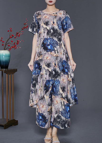 Boho Grey Asymmetrical Print Chiffon 2 Piece Outfit Summer SD1013 Ada Fashion