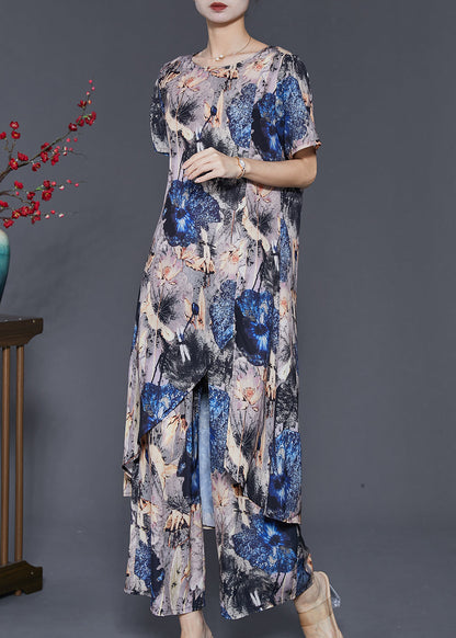 Boho Grey Asymmetrical Print Chiffon 2 Piece Outfit Summer SD1013 Ada Fashion