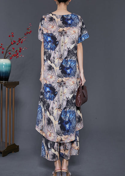 Boho Grey Asymmetrical Print Chiffon 2 Piece Outfit Summer SD1013 Ada Fashion