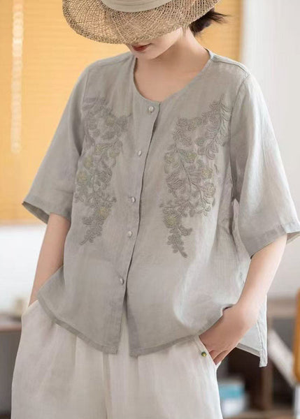 Grey Tops Embroidered Sleeve Linen Boho Half FashionChic