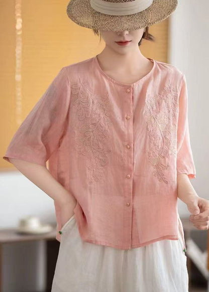 Grey Tops Embroidered Sleeve Linen Boho Half FashionChic