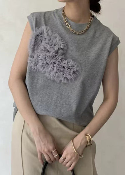 Cotton Tank Boho Tops Floral Decorated Grey Sleeveless FashionChic