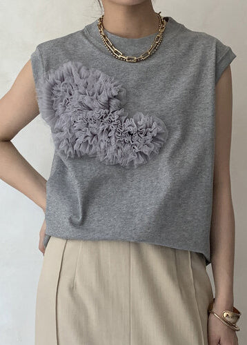 Cotton Tank Boho Tops Floral Decorated Grey Sleeveless FashionChic