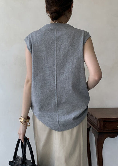 Cotton Tank Boho Tops Floral Decorated Grey Sleeveless FashionChic