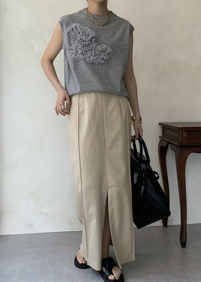 Cotton Tank Boho Tops Floral Decorated Grey Sleeveless FashionChic