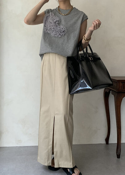 Cotton Tank Boho Tops Floral Decorated Grey Sleeveless FashionChic