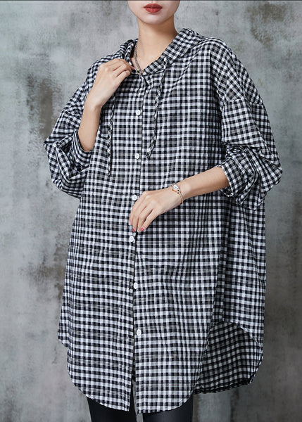 Boho Grey Hooded Plaid Linen Long Shirt Summer AL1018 Genistyle Shop