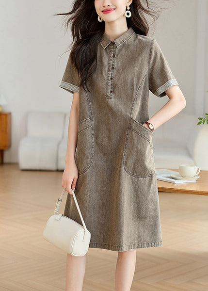 Collar Day Pockets Dresses Pan Grey Summer Boho Denim Peter FashionChic