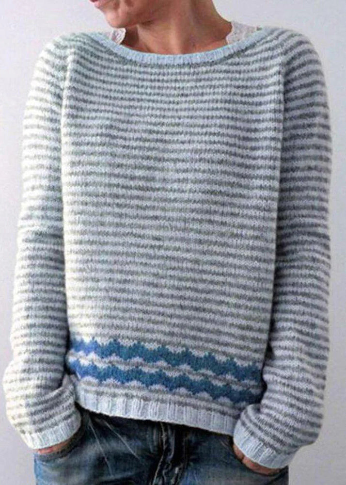 Boho Grey Striped O Neck Cozy Knit Sweaters Fall QA057 OM-BB241009