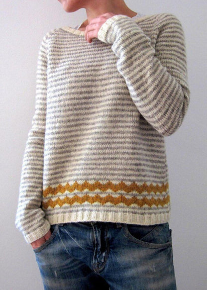 Boho Grey Striped O Neck Cozy Knit Sweaters Fall QA057 OM-BB241009
