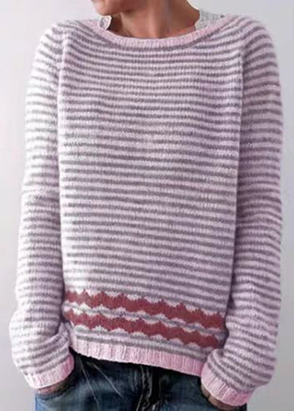 Boho Grey Striped O Neck Cozy Knit Sweaters Fall QA057 OM-BB241009