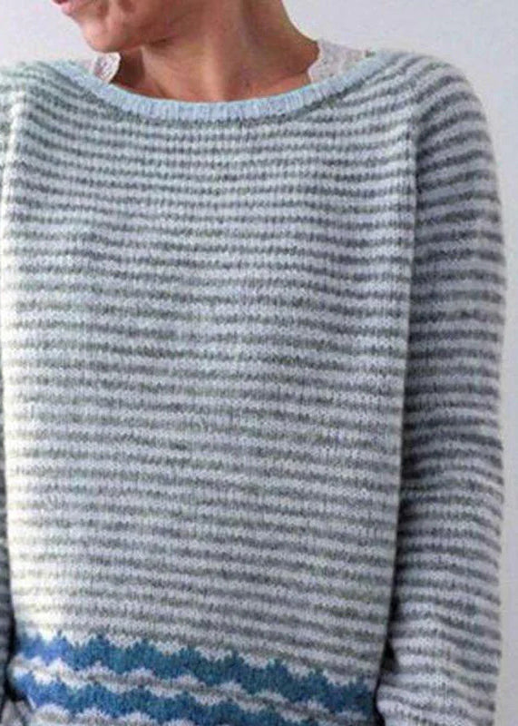 Boho Grey Striped O Neck Cozy Knit Sweaters Fall QA057 OM-BB241009