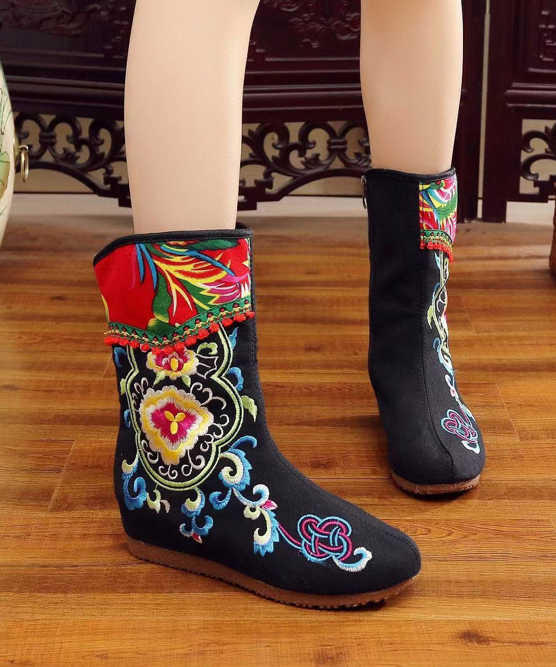 Boho Handmade Comfy Red Embroidery Wedge Boots CZ1013 Ada Fashion