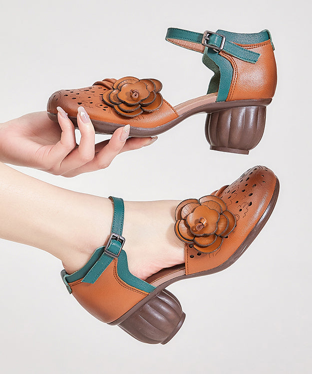 Boho Hollow Out Floral Chunky Heel Buckle Strap Brown Cowhide Leather CZ1033 Ada Fashion