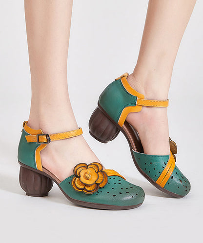 Boho Hollow Out Floral Chunky Heel Buckle Strap Brown Cowhide Leather CZ1033 Ada Fashion