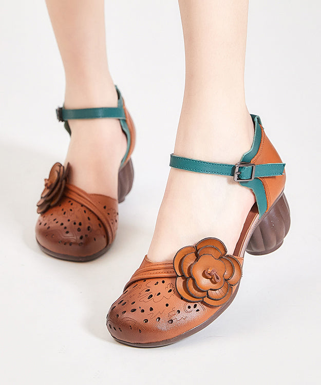 Boho Hollow Out Floral Chunky Heel Buckle Strap Brown Cowhide Leather CZ1033 Ada Fashion