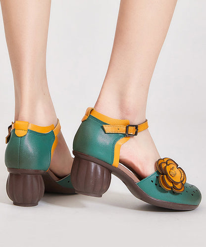 Boho Hollow Out Floral Chunky Heel Buckle Strap Brown Cowhide Leather CZ1033 Ada Fashion