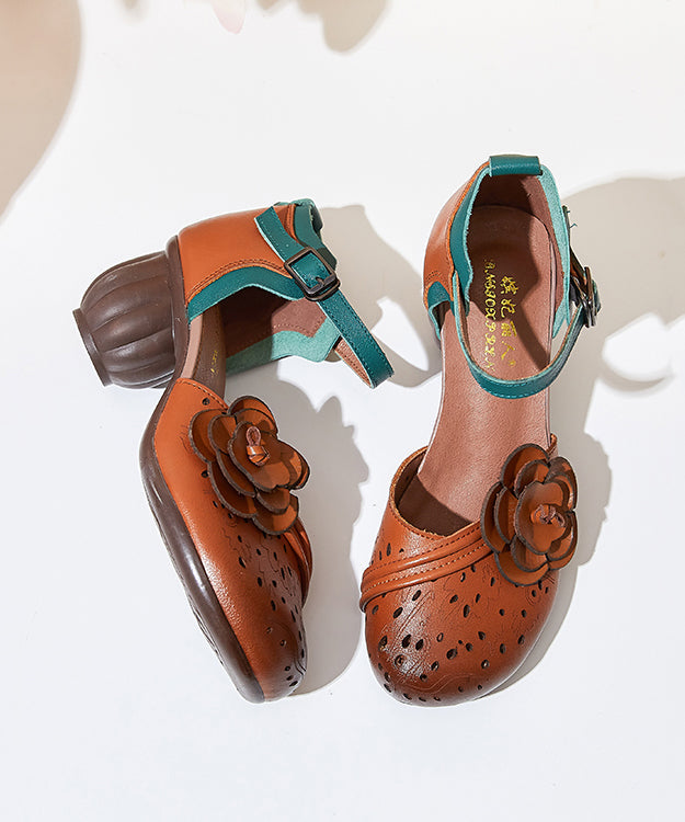 Boho Hollow Out Floral Chunky Heel Buckle Strap Brown Cowhide Leather CZ1033 Ada Fashion