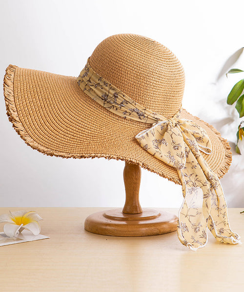 Sun Bow Floppy Straw Hat Boho Side Big Woven Khaki FashionChic