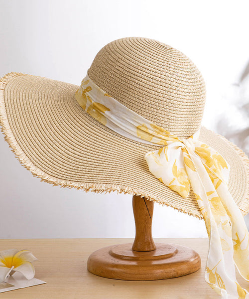 Sun Bow Floppy Straw Hat Boho Side Big Woven Khaki FashionChic