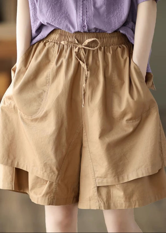 Boho Khaki Pockets Patchwork Elastic Waist Cotton Shorts Summer QQ1027 Ada Fashion