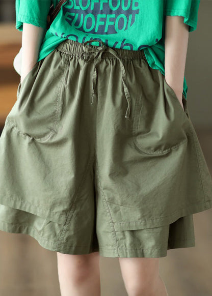 Boho Khaki Pockets Patchwork Elastic Waist Cotton Shorts Summer QQ1027 Ada Fashion