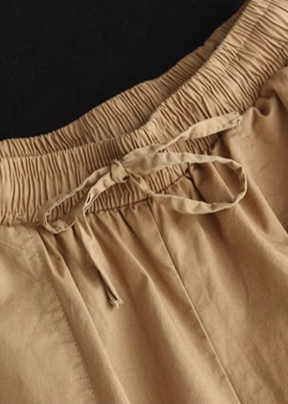 Boho Khaki Pockets Patchwork Elastic Waist Cotton Shorts Summer QQ1027 Ada Fashion