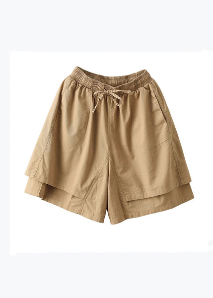 Boho Khaki Pockets Patchwork Elastic Waist Cotton Shorts Summer QQ1027 Ada Fashion