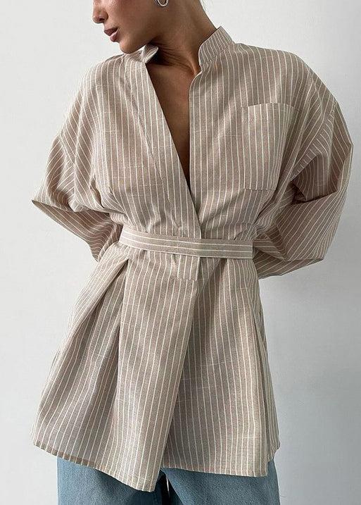 Khaki Fall Boho Striped Top Tunic Linen Shirt FashionChic